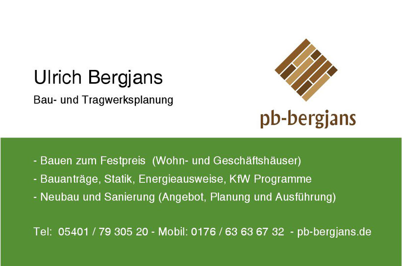 Visitenkarte pb-bergjans.de - Sonnenhaus, Effizienzhaus, Passivhaus - Ein- und Mehrfamilienhäuser - Architekt + Energieberater