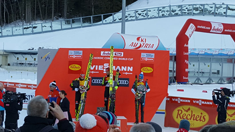 Das Podium am ersten Tag des Nordic Combined Triple 2017 in Seefeld