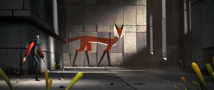 Ein Bild aus dem HSLU Abschlussfilm Concrete. Es zeigt einen gesprayten Fuchs an einer Wand und eine Trickfilmfigur.