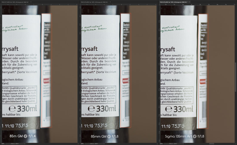 Sony 85mm GM @ f/1.4, Sony 85mm GM @ f/1.8 vs. Sigma 135mm Art @ f/1.8, 100% Crops Bokeh.