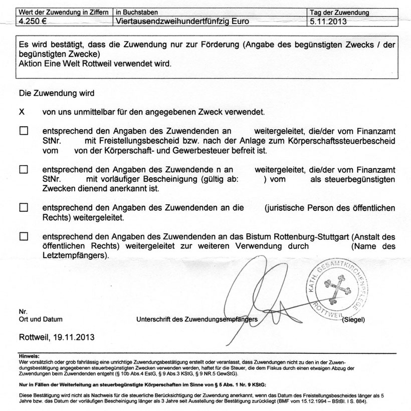 Spendenbescheinigung aus der Spendenaktion 2013 - ©TABMAN