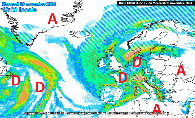 Changement de temps prévu la semaine prochaine avec l'arrivée des perturbations puis du froid (situation prévue pour mercredi 20 novemebre)