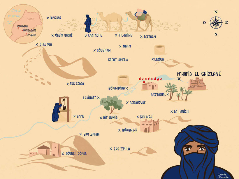 mappa del trekking tour nel deserto da Marrakech e M'Hamid