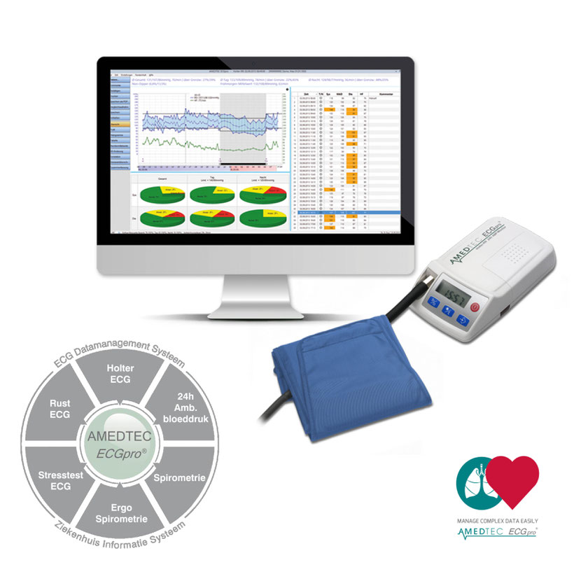 Amedtec Holter, bloeddrukmonitor, ambulante bloeddrukmonitor, tensiemeter, ECG, bloeddruk, spirometrie, stresstest