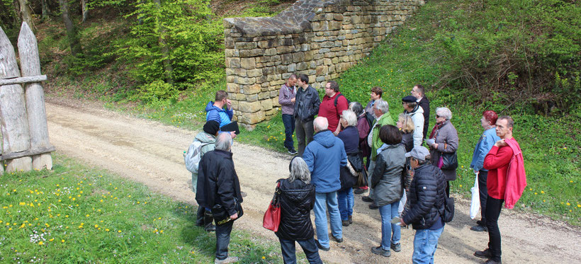 Führung im Rotenbachtal vor der Rekonstruktion von Palisade und Mauer.
