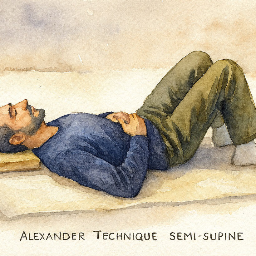 Man lying in Alexander Technique Semi-Supine position. Also known as Constructive Rest
