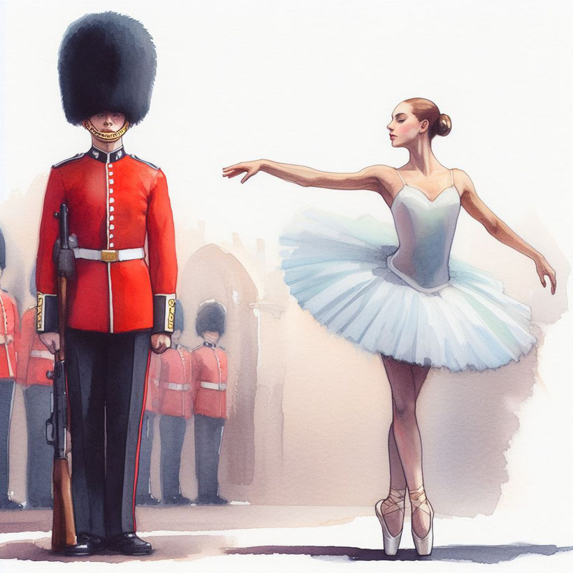 a poised ballerina and postured soldier