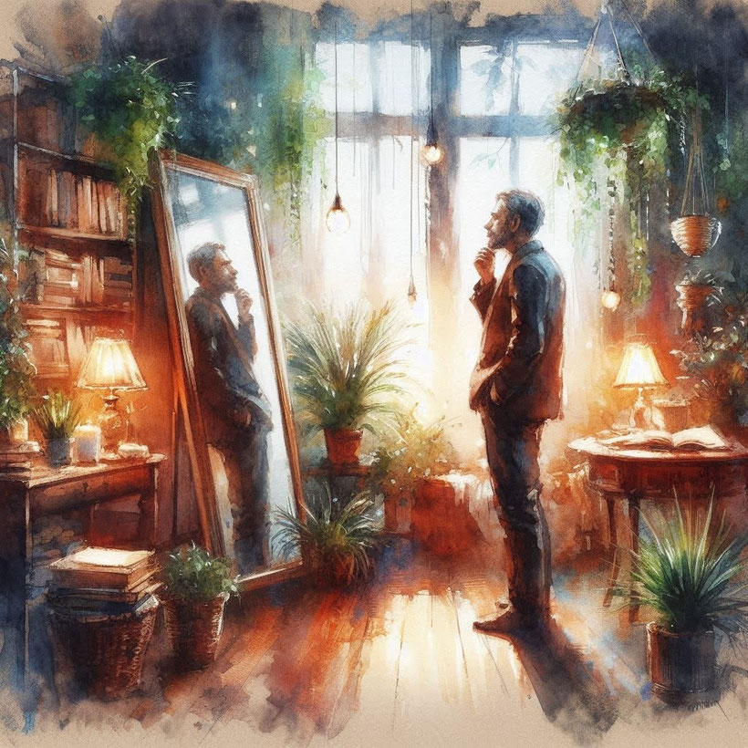 Man looking in a full length mirror