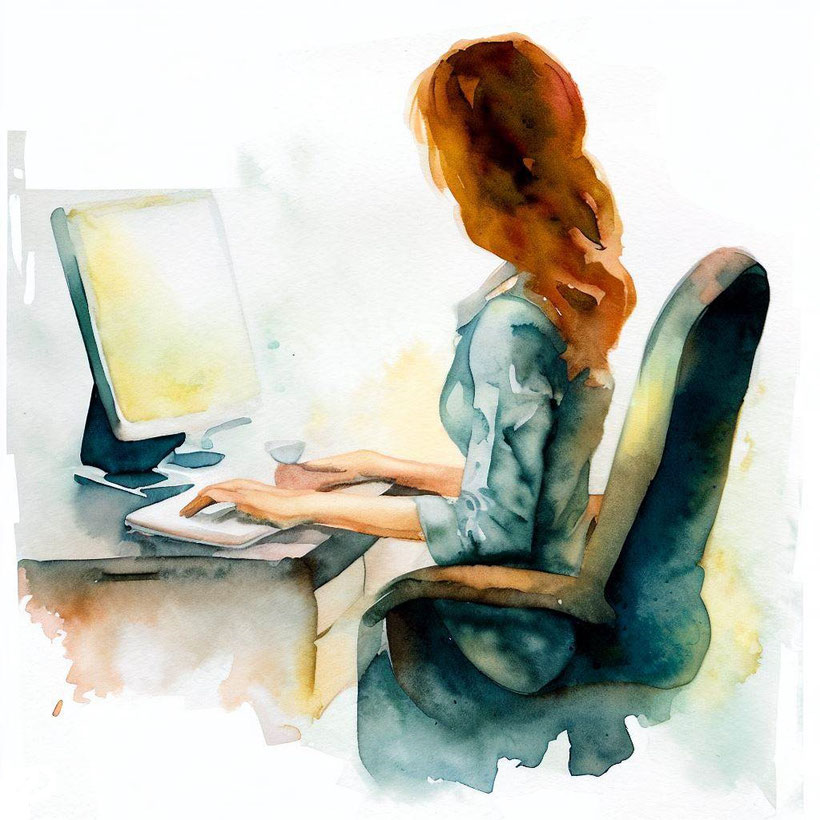 Woman sat at a computer with good posture