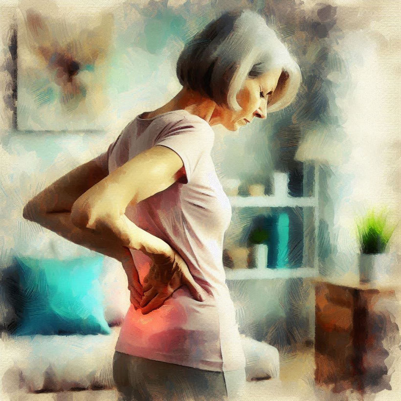 Woman with back pain rubbing her lower back
