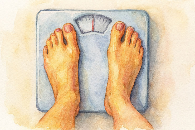 Feet standing on bathroom scales