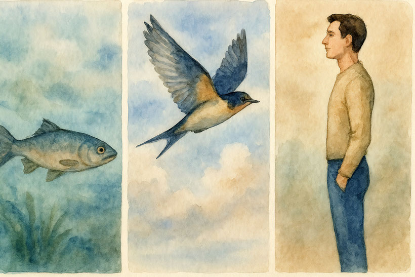 three panels showing a fish swimming, a bird flying and a man standing with good posture