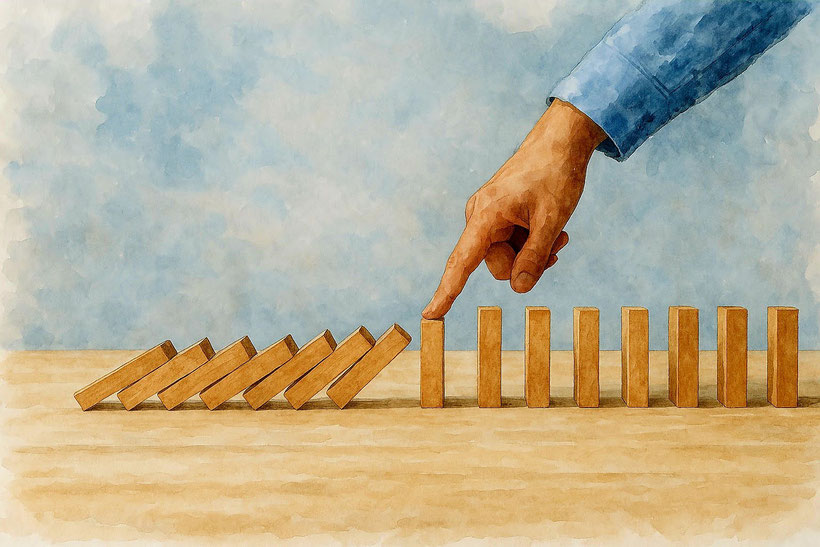 hand stopping dominoes falling as an act of prevention