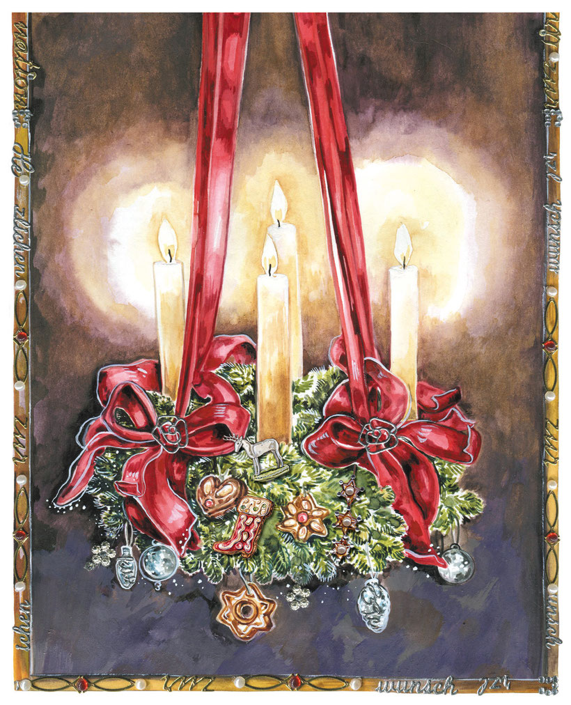 "Adventskranz"Aquarell mit Applikationen, Caroline Ronnefeldt aus "Hausbuch für den Advent" ars Edition 2014