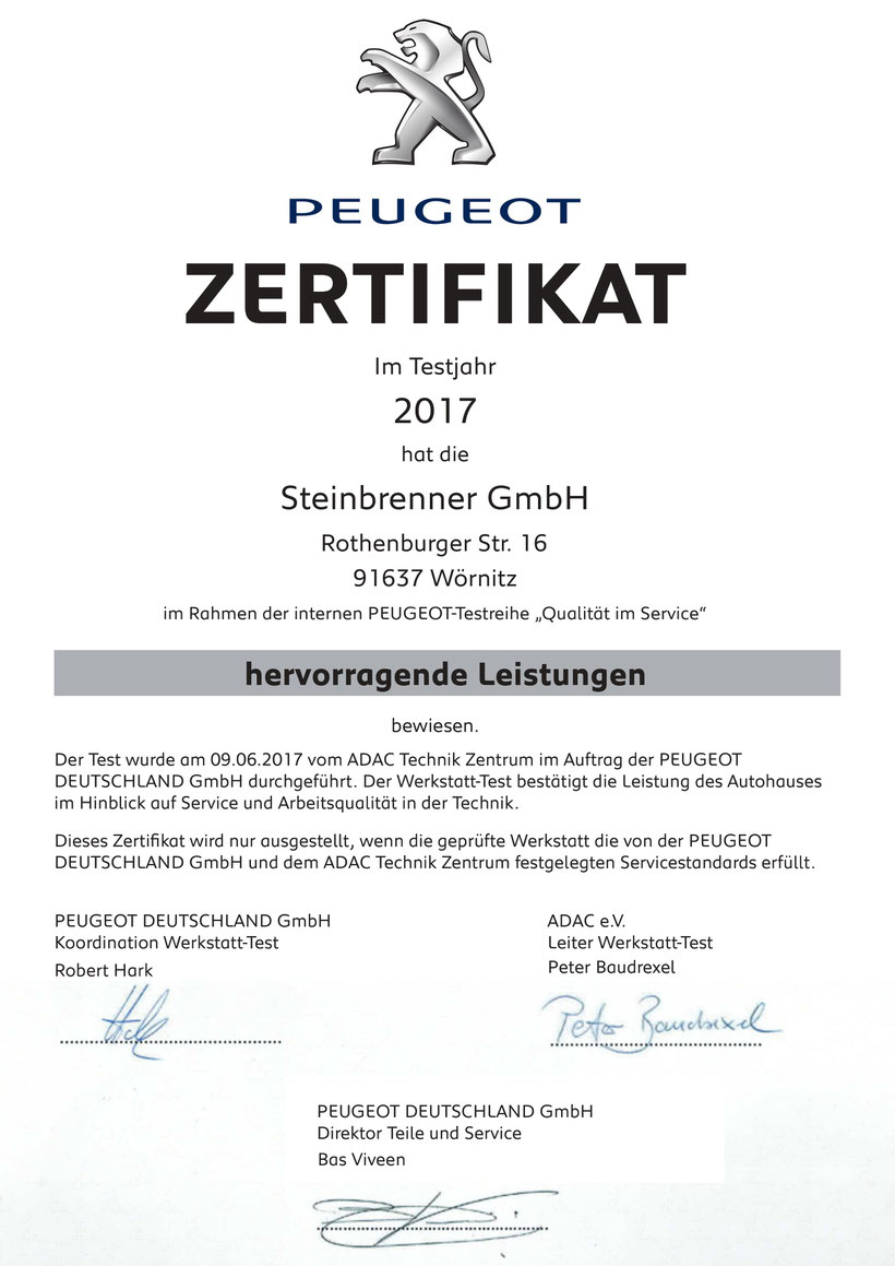 Werkstatttest; Peugeot; hervorragende Leistung; Bewertung; Gesamtnote 1