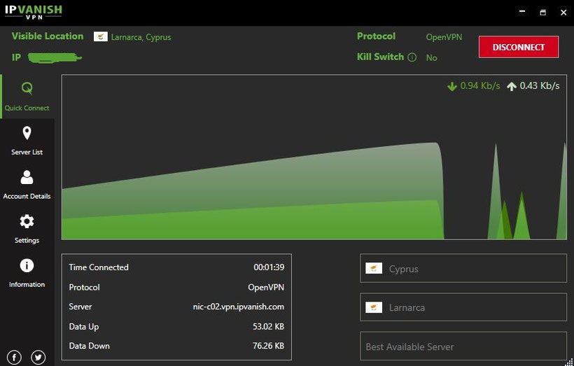 IPVanish interface quick connect