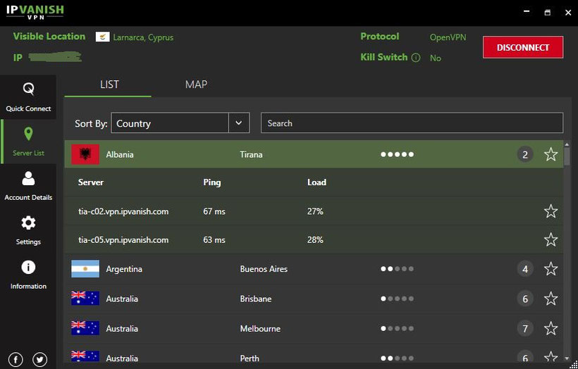 IPVanish interface server list