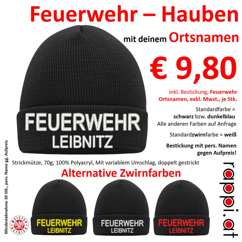 Feuerwehr mit Ortsnamen Stickerei bestickt vom Profi Mütze Haube Graz Umgebung Südsteiermark Weststeiermark Deutschlandsberg Voitsberg Köflach Südoststeiermark Bad Radkersburg Feldbach Fürstenfeld Hartberg Gleisdorf Weiz Murtal Knittelfeld Murau Leoben 