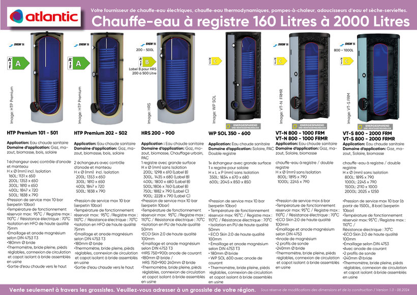 Chauffe-eau à registre 160 à 2000 litres