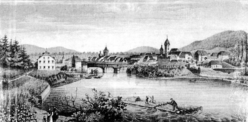 Rheinfelden Baden mit Haus Salmegg, der historischen Rheinbrücke und Rheinfelden Schweiz