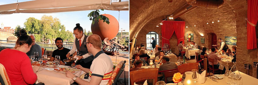 Gäste am Tisch auf der Terrasse und im Restaurant