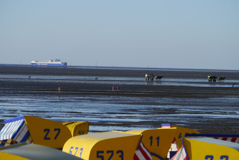 Strandkörbe, Schiffe und Wattwanderer vor Cuxhaven Duhnen