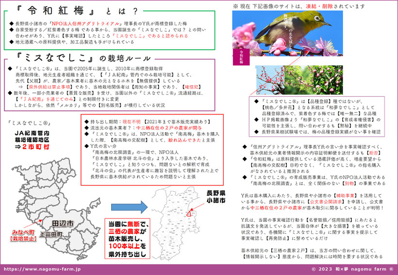 令和紅梅 は ミスなでしこ を県外持ち出し した梅  苗木供給元は 中三栖 ２戸 の農家