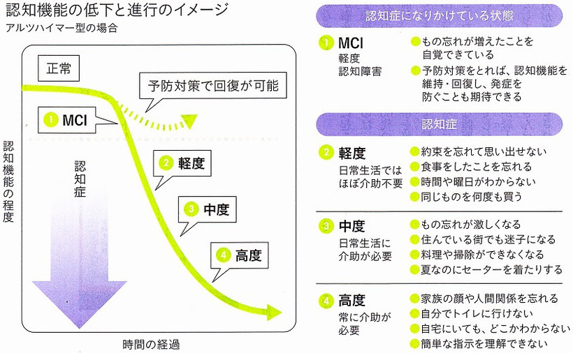 アルツハイマー型認知症の場合の、認知機能の低下と進行。