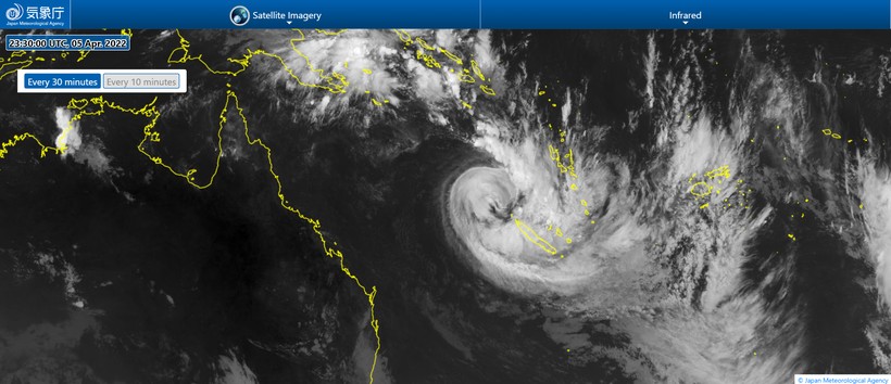 Satellite image of tropical cyclone Fili, April 6 2022. Image from https://www.jma.go.jp/.