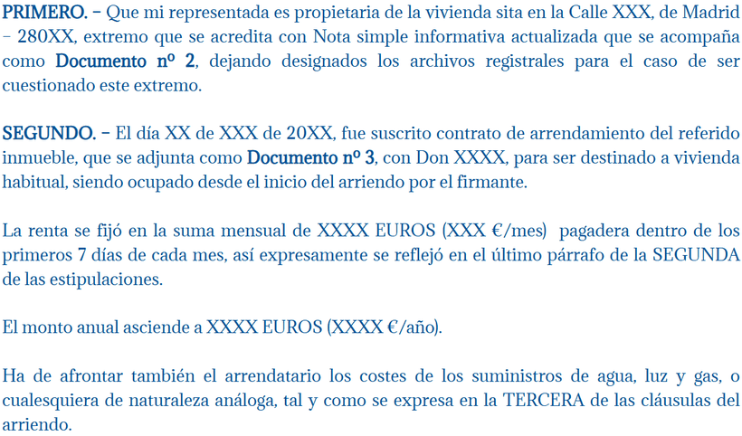 Hechos de la demanda de desahucio - Certificación del Registro de la Propiedad