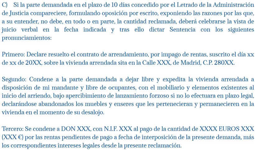 Suplico de Demanda de Desahucio por Impago de Rentas