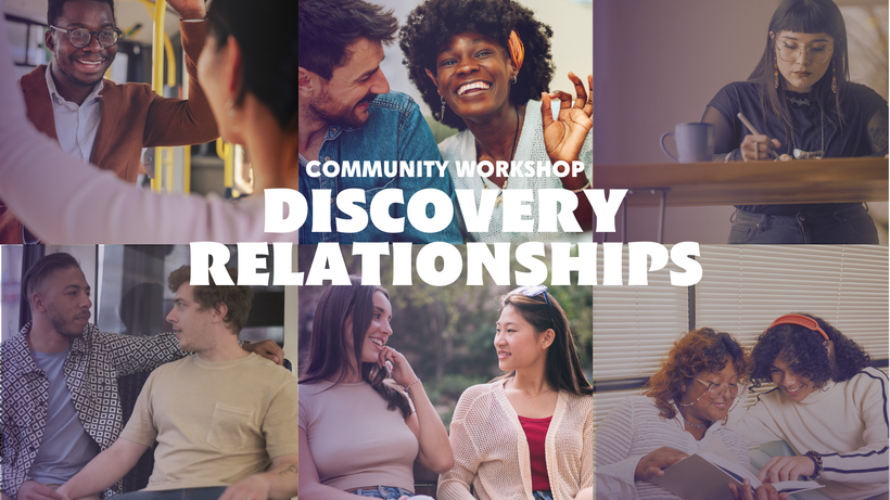 Grid of six images showing people in relationship with one another with text that reads Community Workshop Discovery Relationships 