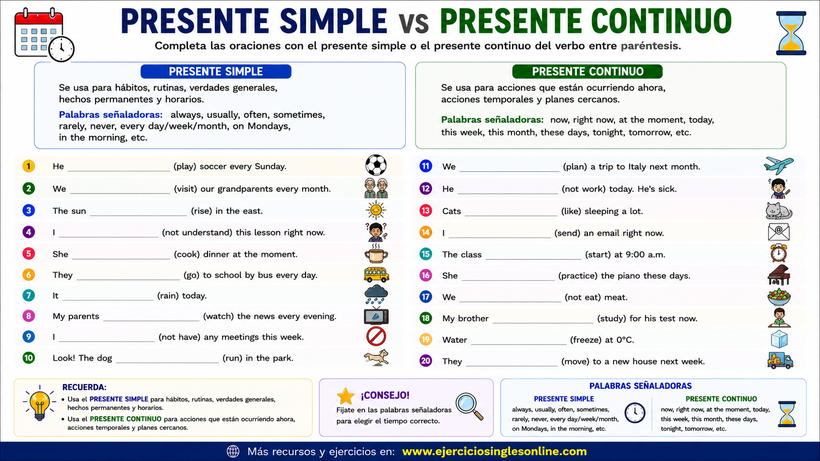 Presente simple vs continuo - Ejercicio - Ficha para imprimir