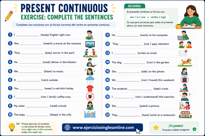 Presente continuo en inglés - Ejercicio - Rellena los huecos - Ficha para imprimir