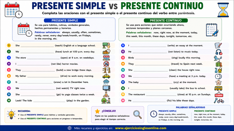 Presente simple vs continuo en inglés - Ejercicio - Ficha para imprimir