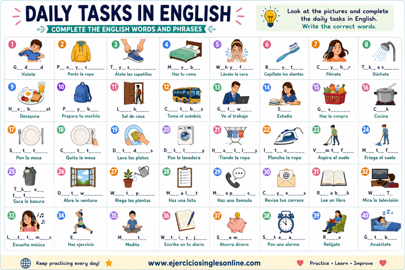 Daily tasks en inglés - Ejercicio - Ficha para imprimir