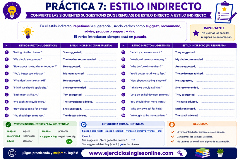 Estilo indirecto en inglés - Ejercicio 7 - Ficha para imprimir