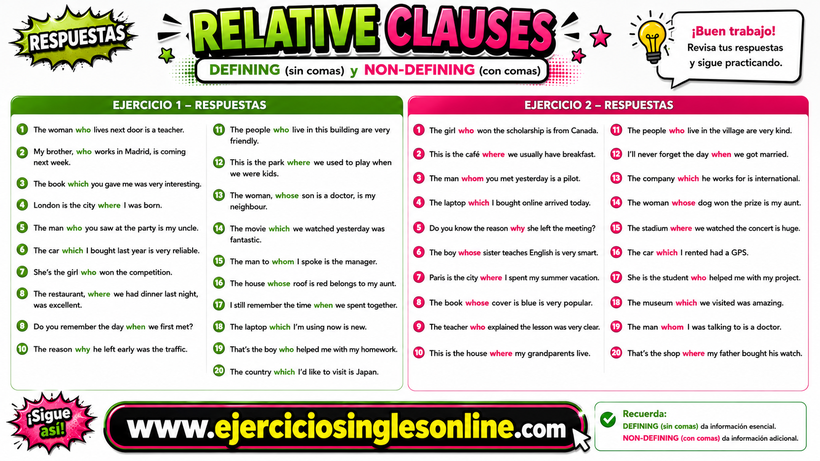 Relativos en inglés - Ejercicios 1 y 2 - Soluciones - Fichas para imprimir