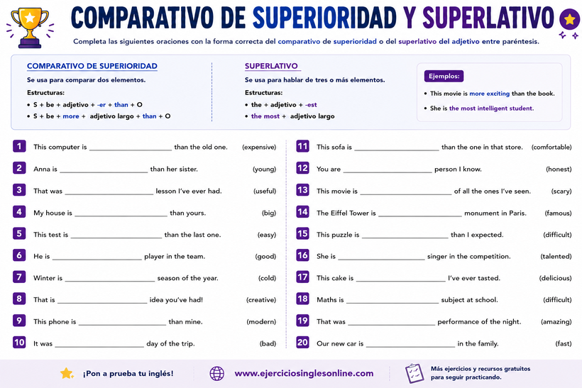 Comparativo y superlativo en inglés - Ejercicio 2 - Ficha para imprimir
