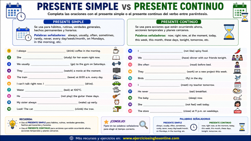 Presente simple vs continuo en inglés - Ejercicio - Ficha para imprimir