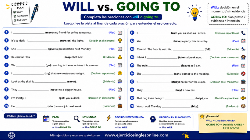 Will y Going to - Ejercicio 2 - Ficha para imprimir