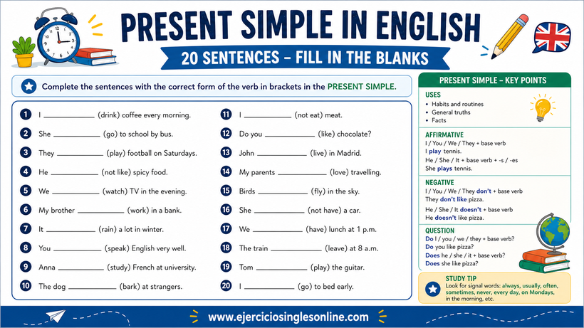 Presente simple en inglés - Ejercicio - Ficha para imprimir