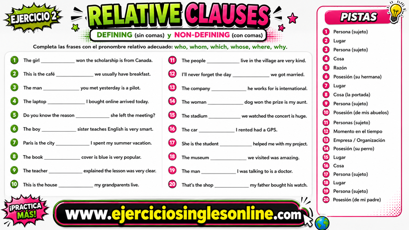 Relativos en inglés - Ejercicio 2 - Ficha para imprimir