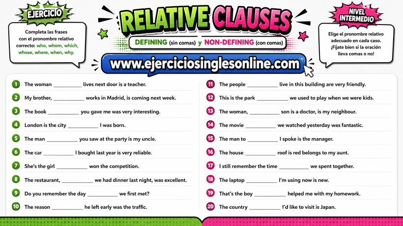 Relativos en inglés - Ejercicio 1 - Ficha para imprimir