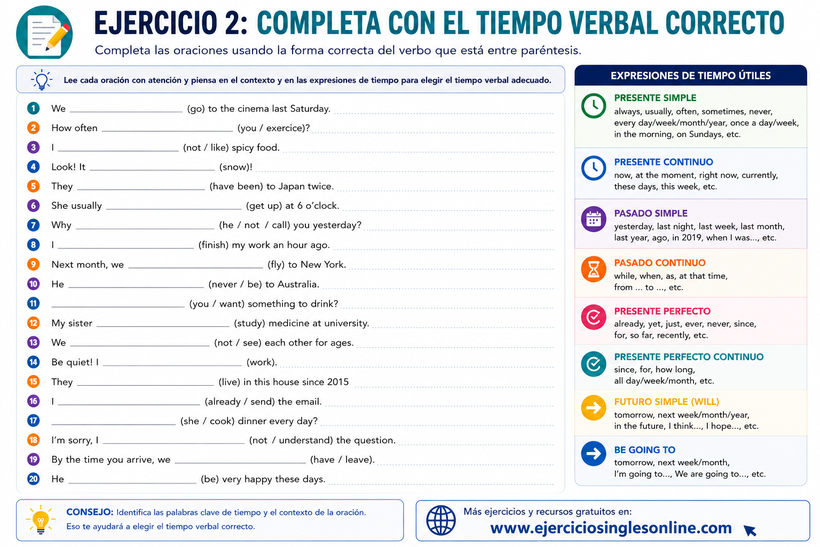 Tiempos verbales mezclados en inglés - Ejercicio 2 - Ficha para imprimir