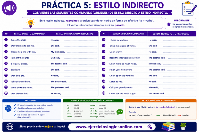 Estilo indirecto en inglés - Ejercicio 5 - Ficha para imprimir