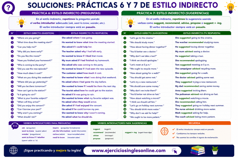 Estilo indirecto - Soluciones ejercicios 6,7 - Ficha para imprimir