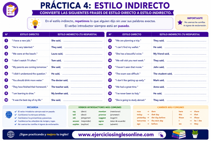 Estilo indirecto en inglés - Ejercicio 1 - Ficha para imprimir