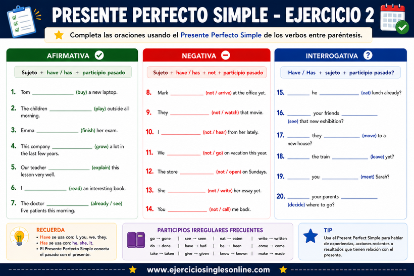 Presente perfecto simple en inglés - Ejercicio 2 - Ficha para imprimir