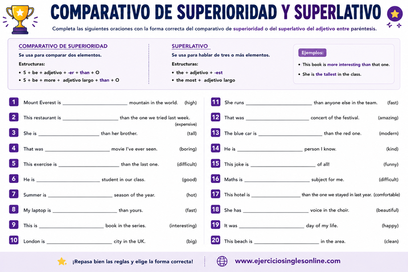 Comparativo y superlativo en inglés - Ejercicio 1 - Ficha para imprimir